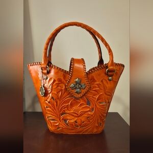 Patricia Nash Leather Cut Out Tooled Ninetta Tote Bucket Hobo Bag Orange